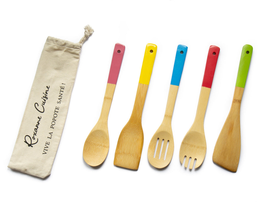 5 ustensiles de cuisson en bambou avec vernis anti-taches + sac