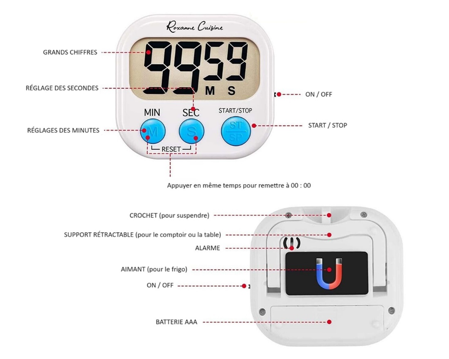 Minuterie de cuisine numérique avec support magnétique